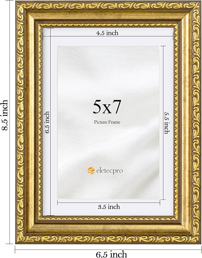 eletecpro 5x7 Picture Frames Set of 4, Gold Photo Frames with Glass Cover, Vintage Picture Frame 5 x 7 Displays 4x6 Photo with Mat or 5x7 without Mat for Tabletop or Wall Decor, Gold