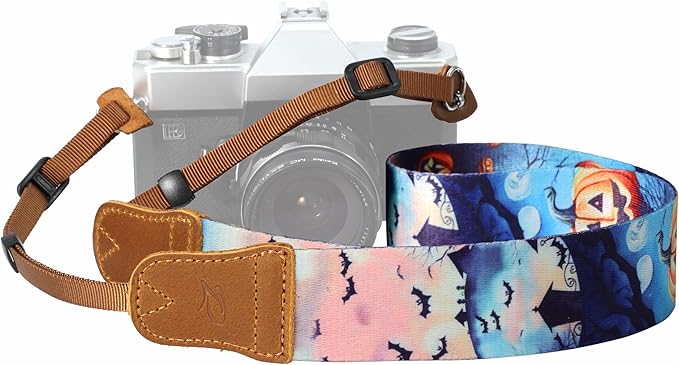 Padwa Lifestyle Camera Strap - 1.5" Soft Nylon Print Crazy Horse Cowhide Head Camera Straps for Photographers and All Cameras,Cute Adjustable Vintage Woven Strap for Adults & Kids(Halloween Pumpkin)