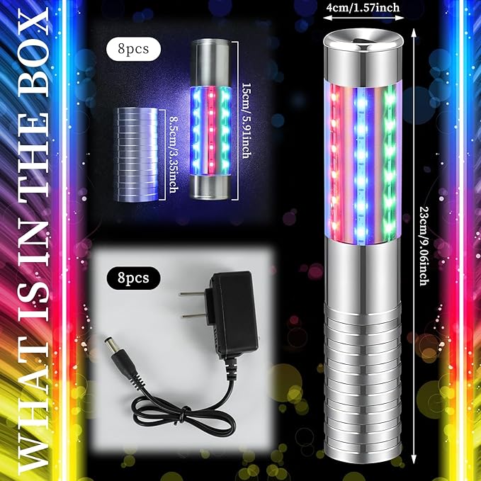 8 Pieces RGB LED Strobe Baton Light Rechargeable Bottle Service Sparklers Stick Reusable Champagne Bottle Handheld LED for Club Stage Nightclub Party Concert Event Bar Outdoor - Silver