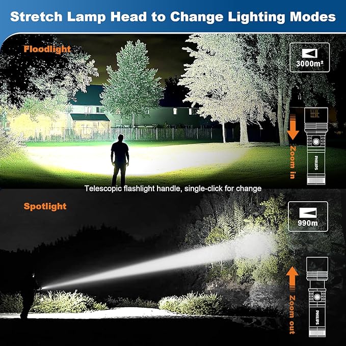 Philips Flashlights High Lumens Rechargeable with Ignition Lens,3000lm Tactical Flashlights with Camping Lamp,2 Colors Zoomable 5Modes Reverse Charging LED Bright Flashlight for Home Outdoor Gift
