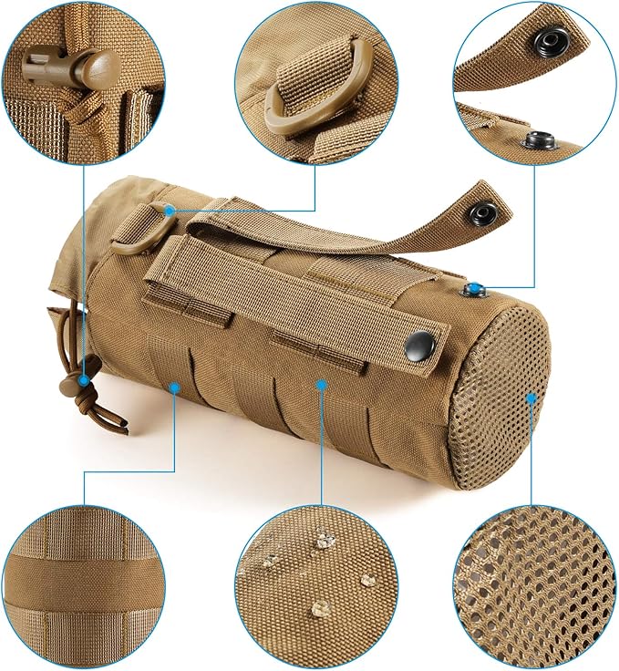 Tactical MOLLE Water Bottle Pouch with Drawstring Open Top & Mesh Bottom, Military Water Bottle Holder Bag Sports Travel Hydration Carrier