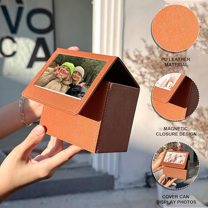CAIYOULE Picture Holder Case for Fujifilm Instax Wide/EVO/Wide 400/300/210/Polaroid I-Type/Now/OneStep/GO Instant Camera Films, Photo Storage Box with Photo Pouch Can Hold 50+ Films, Brown