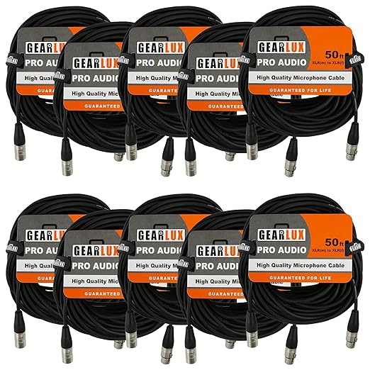 Gearlux XLR Microphone Cable, Fully Balanced, Male to Female, 50 Feet - 10 Pack