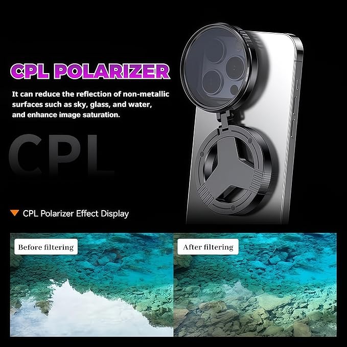 2026 New Anti-Glare Magnetic Phone Filter, 52mm Polarizing Lens Quick Mount for iPhone 16 15 14 13 12, Reduces Reflections & Enhances Colors for Glass & Product Photography (2 Pcs)