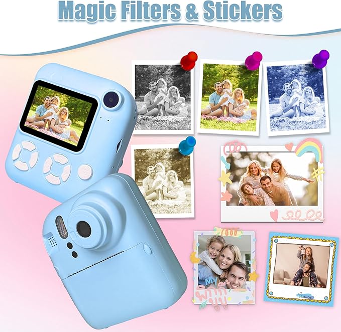 Instant Print Camera for Kids, Christmas Birthday Gifts for Kids Ages 3-12, 16X Zoom,1080P Vedio Selfie Digital Camera,Toddler Portable Toy for Girls and Boys with 32GB TF Card (Blue)