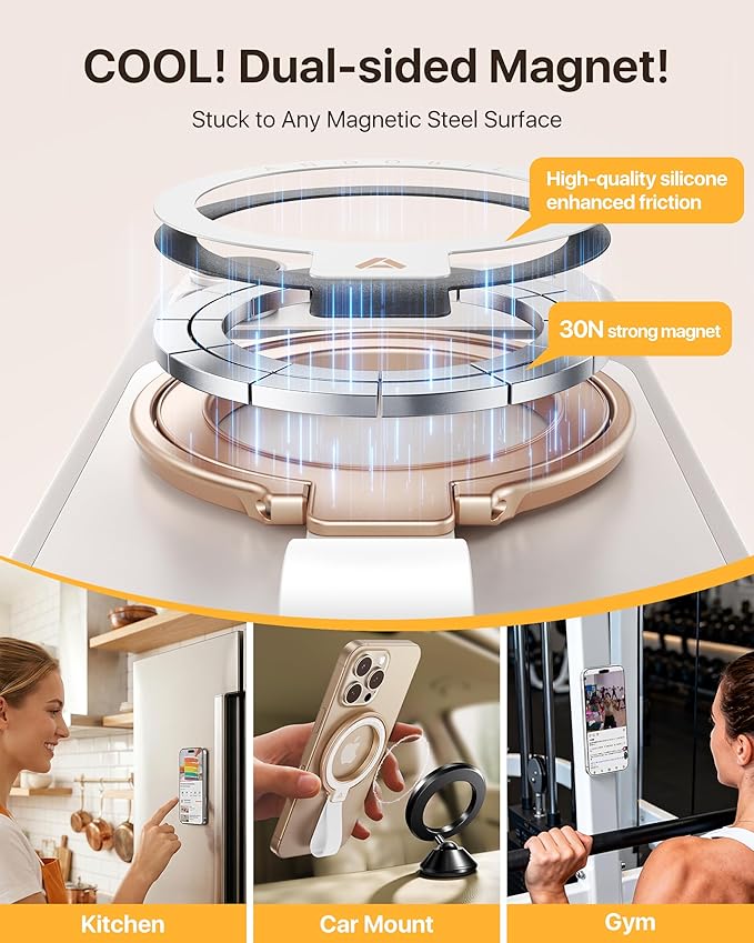 andobil [2025 Unrivaled Stability] Magnetic Phone Grip Holder for MagSafe Ring Stand Holder Kickstand Compatible with MagSafe Accessories for iPhone 17 Air 16 Pro Max Plus 15/14/13/12&Android,Rosegold