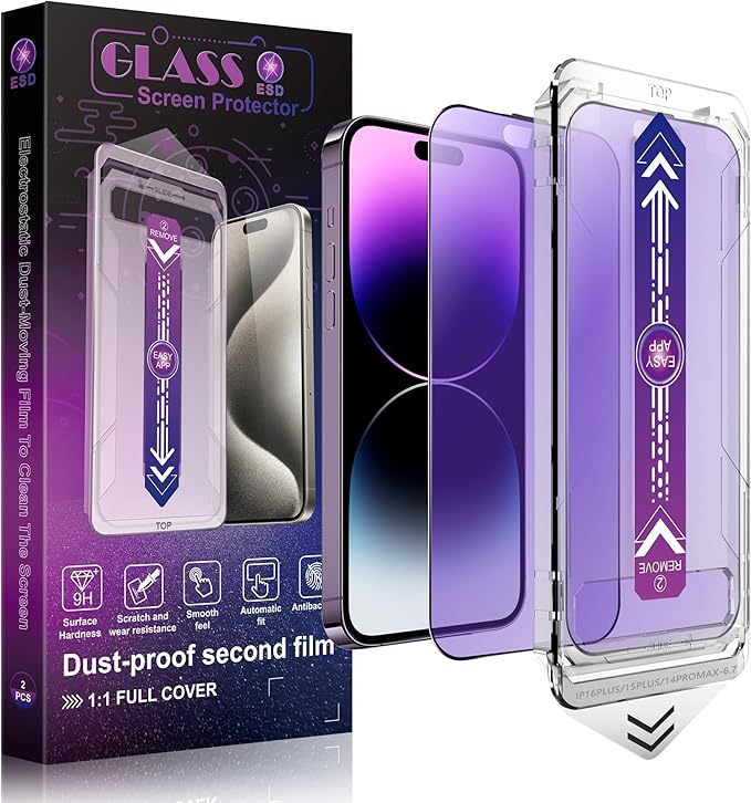 SHANG PIN JIA 2 Pack Anti Blue Light Matte Screen Protector for iPhone 16 Plus/iPhone 15 Plus/iPhone 14 Pro Max 6.7-Inch Auto Dust Removal, No Bubbles, Tempered Glass Film, Easy Installation