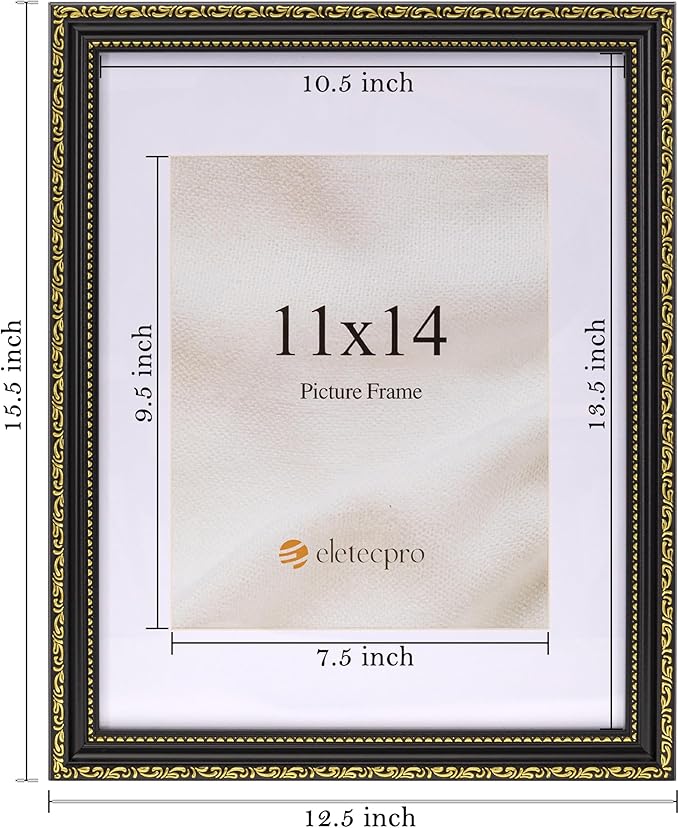 eletecpro 11x14 Picture Frames Set of 4, Vintage Frame with Glass Cover, Black Gold Photo Frames 11 x 14 Display 8x10 Photo with Mat or 11x14 without Mat for Tabletop or Wall Decor, Black Gold