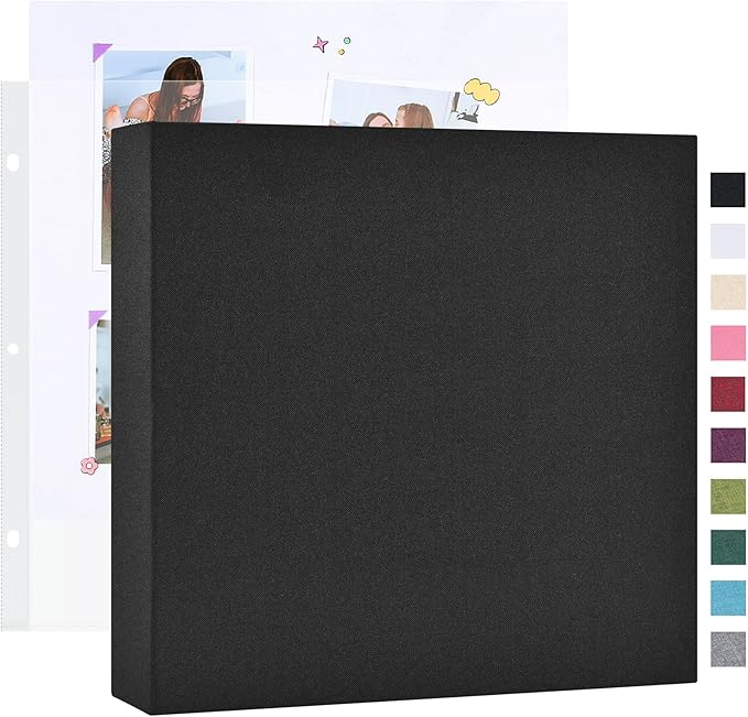 Mublalbum 10x10 Inch Large 3 Ring DIY Scrapbook Photo Album with 20 Plastic Sleeves 40 Pages Linen Cover Folder Binder for Baby Travel Wedding Anniversary and DIY Projects (Black)