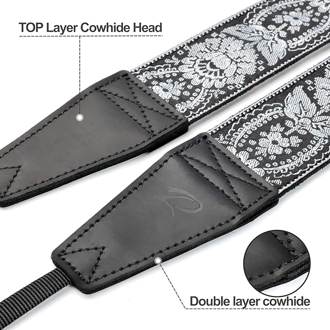 Padwa Lifestyle Camera Strap - 2" Full Grain Leather Ends Camera Straps for Photographers, Vintage Embroidered Cotton Weave Soft Suede Fabric Padded Strap Quick Release fits All Cameras