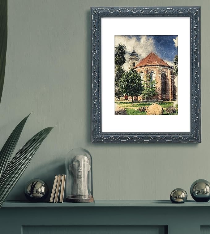 11x14 Embossed Scrollwork Distressed Wood Vintage Antique Retro Picture Frame, Display 8x10 Photos, Art Prints with Mat, Glass Cover, Dark Navy Blue