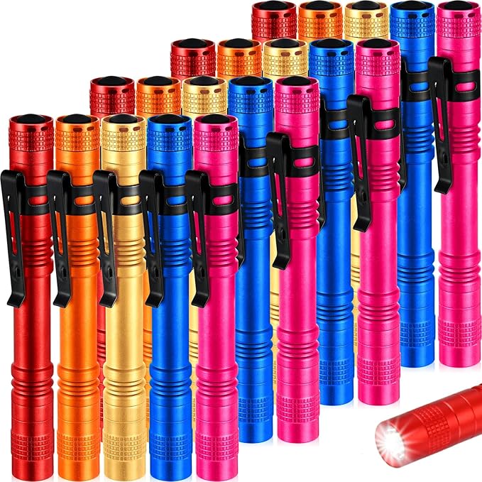 Hortsun 20 Pcs Mini Pen Light Flashlights Christmas Gifts for Men Pocket Flashlights Pen with Clip Small LED Handheld Slim Torches Without Battery(5.12 Inch,Red, Rose Pink, Yellow, Blue, Orange)