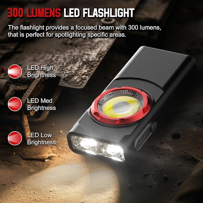 EDC Flashlight Rechargeable, 700 Lumens Mini LED Flashlight with 8 Modes Dual Light Sources Magnetic Flashlights with Clip Waterproof Pocket Flat Flashlights for Night Working (2, Black)
