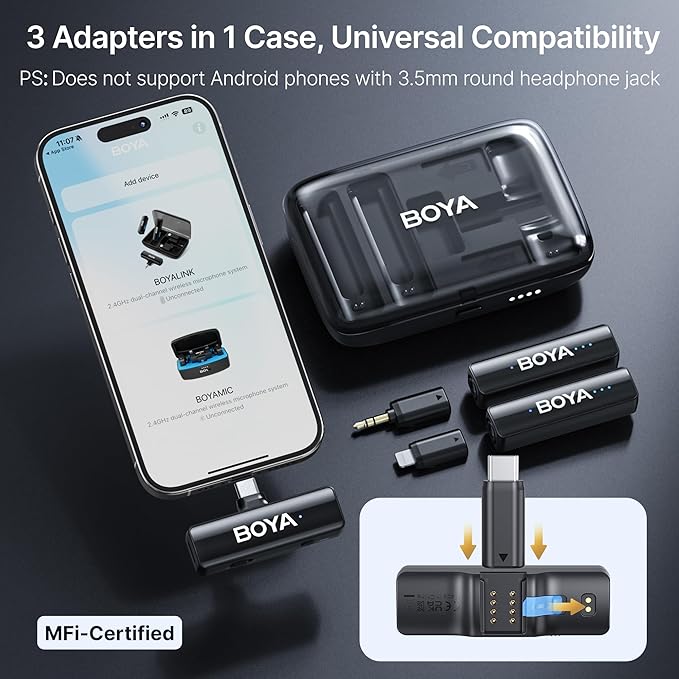 BOYA BOYALINK 2 Wireless Lavalier Microphone for iPhone/Camera/Android/PC, 3-in-1 RX, Mini Lapel Mic, 48kHz 24bit, 1000ft, 30h Use, 2 Level Noise reduction, Clip on Mic with USB-C/Lightning/3.5mm Plug