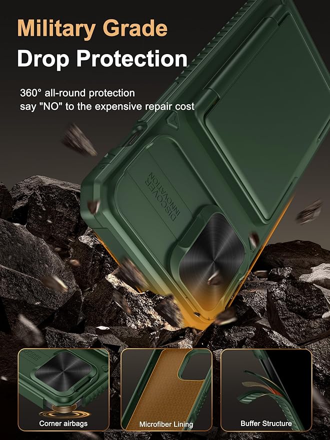 Vihibii for iPhone 13 Pro Max/iPhone 12 Pro Max Wallet Case, Built-in Card Holder (4 Cards), [RFID Blocking] & Slide Camera Cover, Military Grade Drop Protection, Silicone Soft Edge Phone Case, Green
