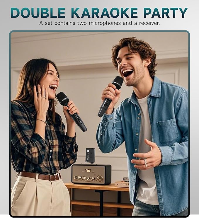 Wireless Microphone, Metal Dynamic Wireless Microphones with One-to-One Chip Connection and Rechargeable Receiver, 40H Duration, 200FT Range Receiving, Volume Control Karaoke Microphone for Singing