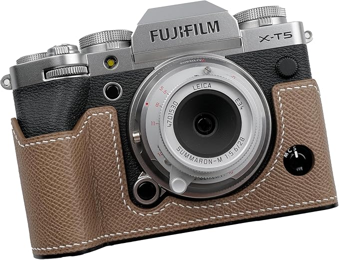 Uchandmade Leather Camera Half Case for Fuji X-T5 / Fuji X-T5 Camera Case - Top Layer Cowhide + Hand Sewn Saddle Stitch + Metal Base Plate (Etoupe Gray)