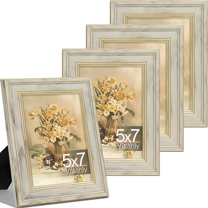 Vittanly 5x7 Picture Frame Set of 4, Vintage Photo Frame for Wall or Tabletop, Display 5x7 Pictures, Rustic Farmhouse Home Decor, Distressed White