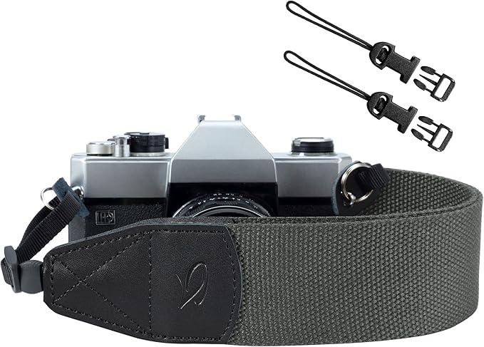 Padwa Lifestyle Grey Camera Strap - 2" Wide Genuine Leather Ends Camera Straps for Photographers, Vintage Cotton Woven Strap with Camera Quick Release Clips fits All Cameras and Binoculars