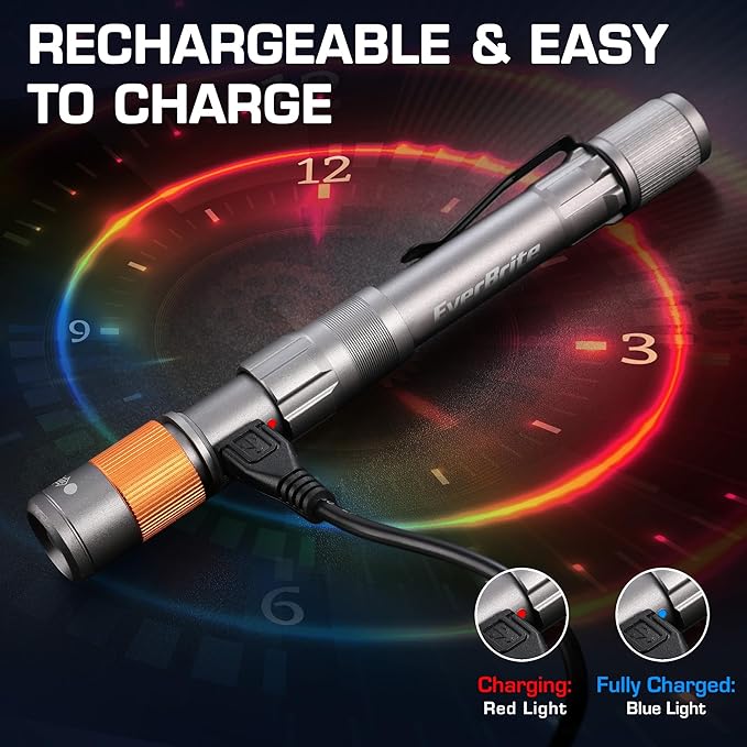 EverBrite 2-Pack Rechargeable Pen Light, 300 Lumens EDC Flashlight, Zoomable LED Pocket Flashlight with Clip, Memory Function and USB C Cable Included, for Camping, Emergency, Gray