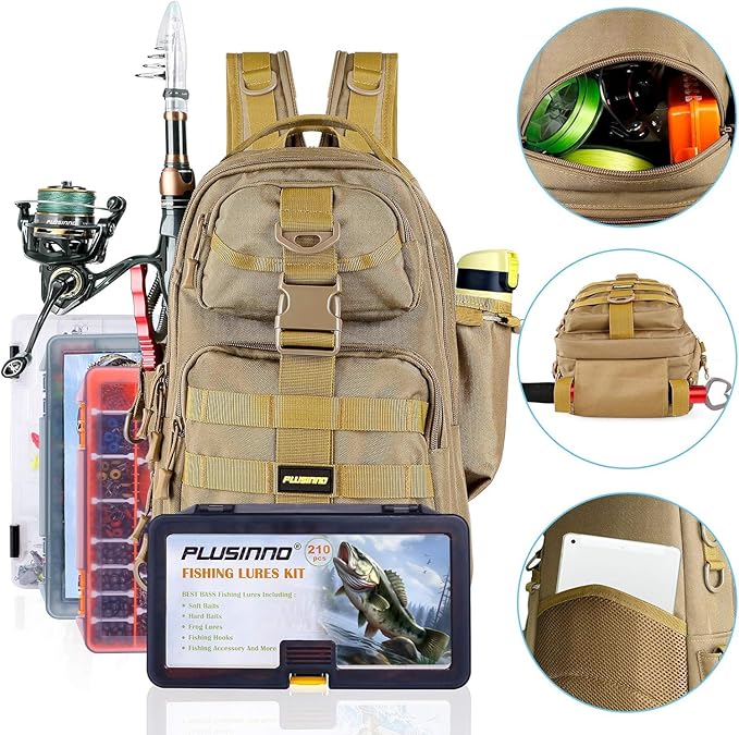 PLUSINNO Fishing Backpack Tackle Bag, Water-Resistant Backpack with Rod Holder, Ideal Gifts for Men