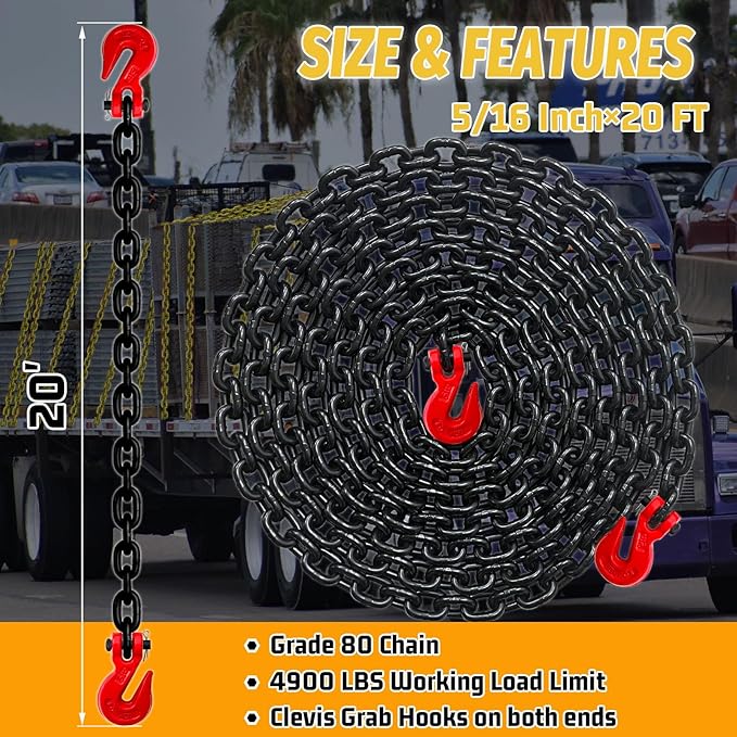 5/16" Binder Chain-20 Foot Trailer Safety Chain 4900 lbs Working Load,G80 Transport Binder Chain Chains with G70 Heavy Duty Hooks for Gooseneck Couplers,Tow Tie Down Truck Accessories