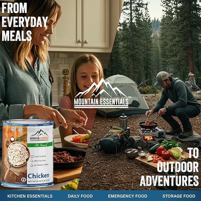 MOUNTAIN ESSENTIALS Fully Cooked Canned Chicken 28 Oz – White Meat for Daily Meals, Camping & Emergency Food – Great for Snack, Lunch, Dinner Recipes – 5-Year Shelf Life – Made in USA – Pack of 6