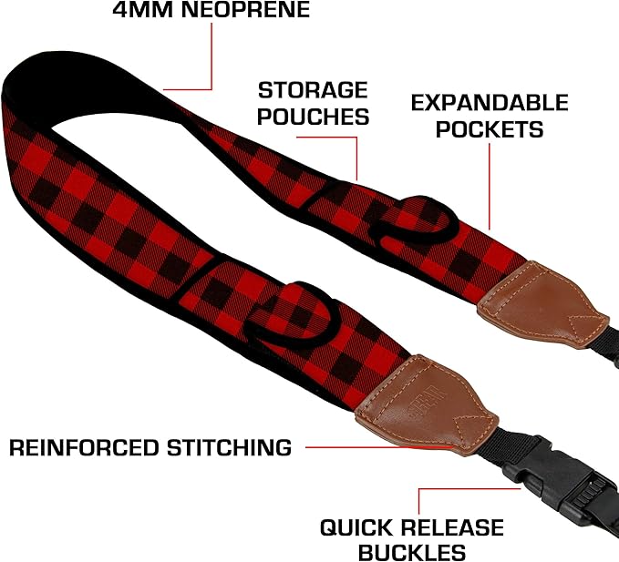 USA Gear TrueSHOT Camera Strap Neoprene Camera Straps - Padded Neck Strap, Pockets, and Quick Release Buckles - Compatible with Canon, Nikon, Sony and More DSLR and Mirrorless Cameras (Red Plaid)