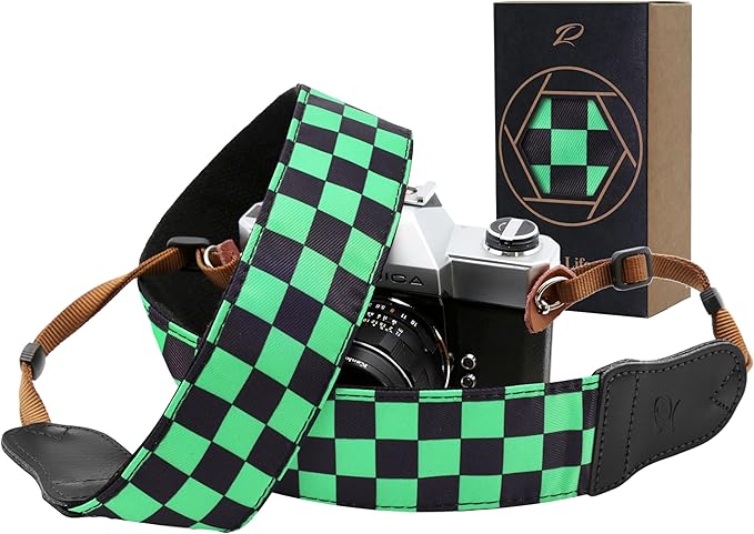 Padwa Lifestyle Green Black Plaid Camera Strap - 2" Wide Double Layer Cowhide Head,Cotton Camera Straps for Photographers,Grid Pattern Adjustable Camera Shoulder Neck Strap for All DSLR Cameras