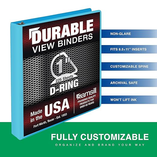 Samsill Durable 1 Inch Binder, Made in The USA, D Ring Binder, Customizable Clear View Cover, Sky Blue, Holds 225 Pages