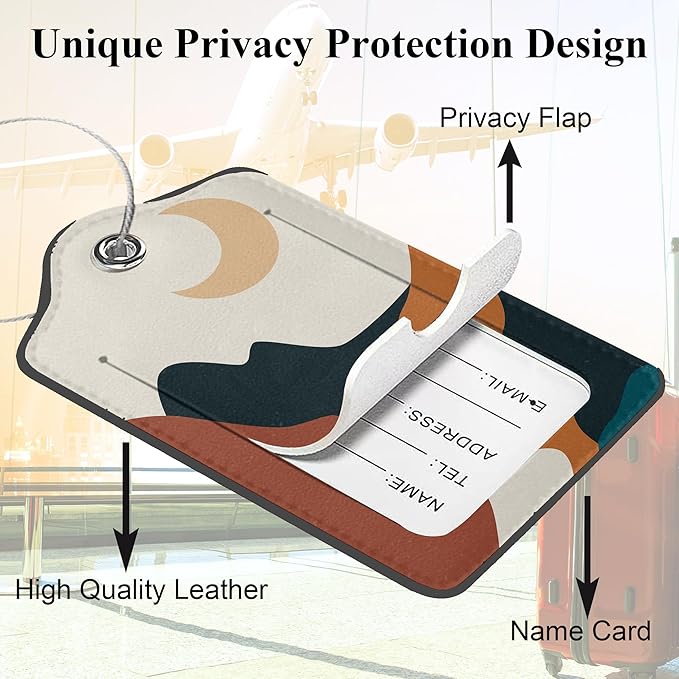 Abstract Landscape PU Leather Luggage Tags for Suitcase, Boho Sun Moon Mountains Travel Cruise 2 Pack with Privacy Flap, Name ID Label and Metal Loop for Women Men Girls Baggage Backpack