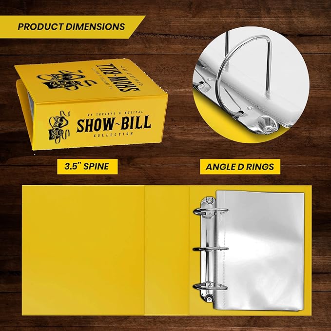 Showbill Binder with Display Sleeves, Holds 8.5” x 5.5” Broadway Programs, Includes 25 Clear Sheet Protectors, D-Ring Organizer for Theatre Memorabilia & Collectibles, Yellow