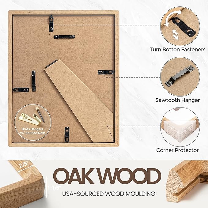 4x6 Picture Frame, USA-Sourced Natural Oak Wood Photo Frame with Tempered Glass, Handcrafted Rounded Corner 4 x 6 Wooden Frame Matted to 3.5x5 Photos, Wall or Tabletop Display