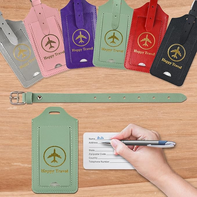 ACdream Luggage Tags 2 Pack, Leather Suitcase Tags Identifiers, Cute Cruise ID Labels with Privacy Cover fits on Backpack, Travel Bag, for Women, Men, Adults, Kids, Agave Green