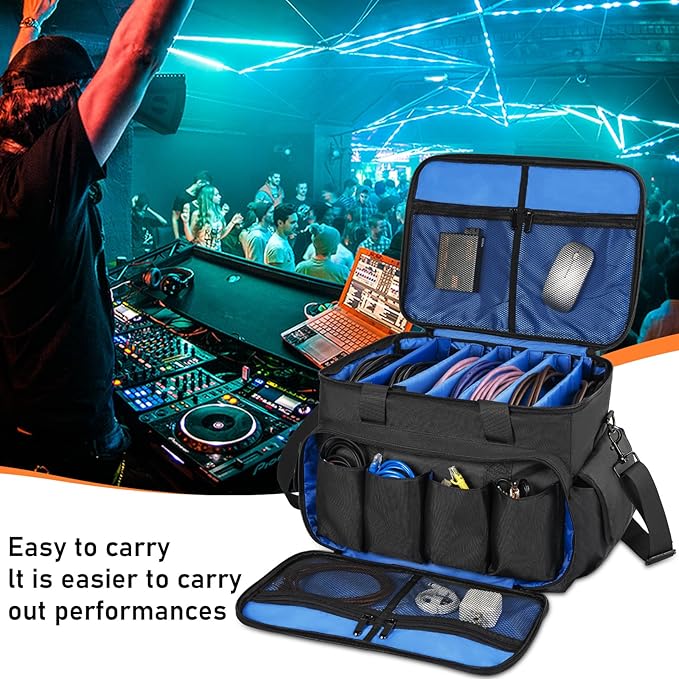 Cable File Bag With Adjustable Dividers Dj Gig Bag for Cables, Cords,DJ Gear,Sound Instrument and Accessories 16L x 11W x 12H inch, Blue