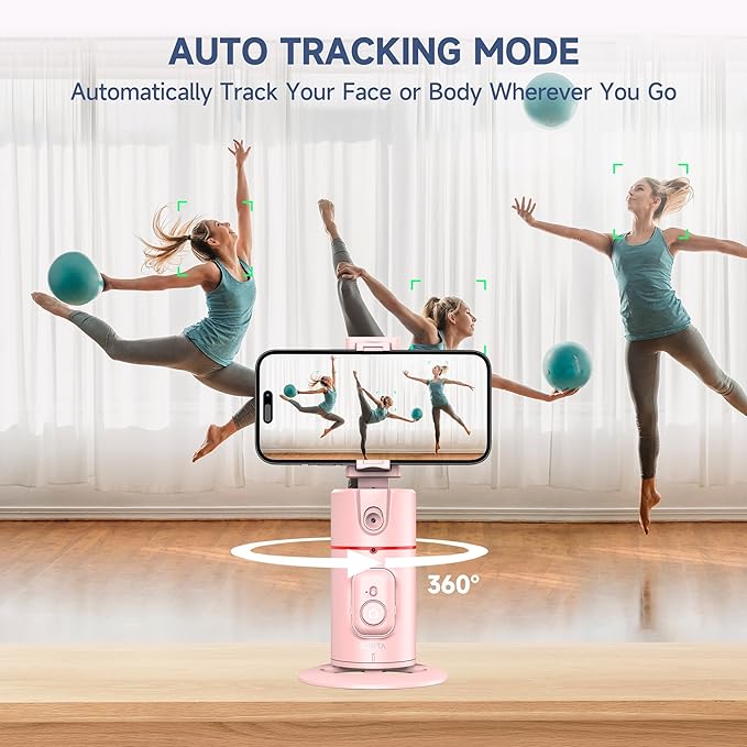 Auto Face Tracking Phone Holder, Gesture Control & Remote, Face Tracking Tripod 360 Rotation Body Phone Camera Mount Smart Shooting Holder, Cell Phone Selfie Stick Tripod, Expandable Pole (Pink)
