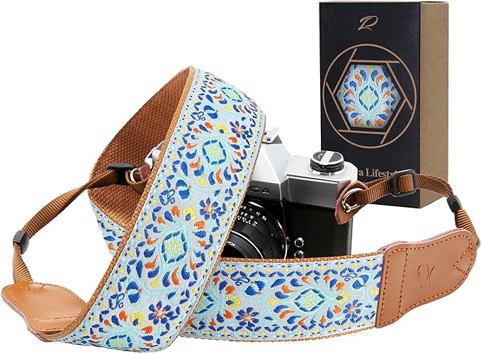 Padwa Lifestyle Blue Vintage Embroidered Camera Strap - 2" Pure Cotton Cowhide Ends Camera Straps for All DSLR/SLR Cameras, Adjustable Universal Strap,Great Gift for Men & Women Photographers
