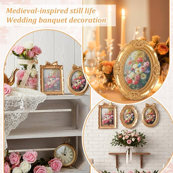 3Pcs Small Vintage Picture Frames, 2.5 x 3.5 Inch Gold Vintage Baroque Mini Gold Frames, Oval Rectangle Ornate Table Top Display Frame for DIY Jewelry Display Photography Mobile Photo Wedding Decor