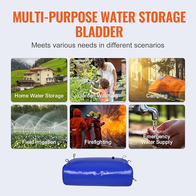 VEVOR 330L/87.17 Gallon Water Storage Bladder, RV Water Tank, 1000D Blue PVC Collapsible Water Storage Containers, Large Capacity Soft Water Bag, Portable Water Bladder, Fire Prevention, Camping