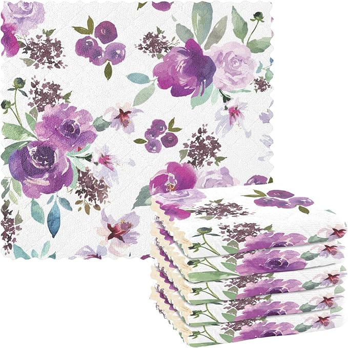 CaTaKu Purple Flower Microfiber Reusable Cleaning Cloths Kitchen Dish Cloths Dish Rags for Washing Dishes, Watercolor Rose Dish Towels Washcloths for Kitchen Drying, 6 Pack