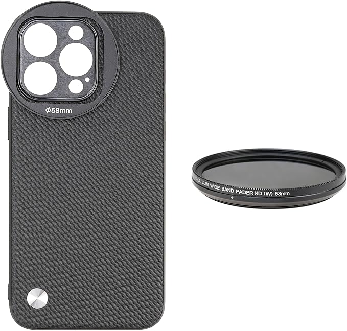 FocusFoto Phone Case Holder for iPhone 15 Pro Case, Integrated with 58mm Threaded Filter Adapter, with 58mm Variable ND2-ND400 Fader ND Neutral Density Filter Kit (Black)