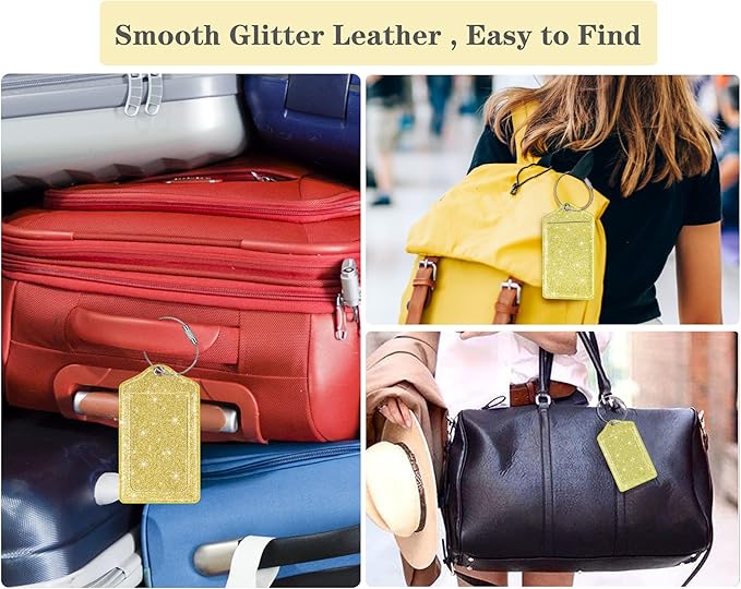 (Set of 2) Luggage Tag Leather Privacy Cover ID Label Address Card with Stainless Steel Loop, Travel Bag Tags Suitcase Labels, Glitter Gold