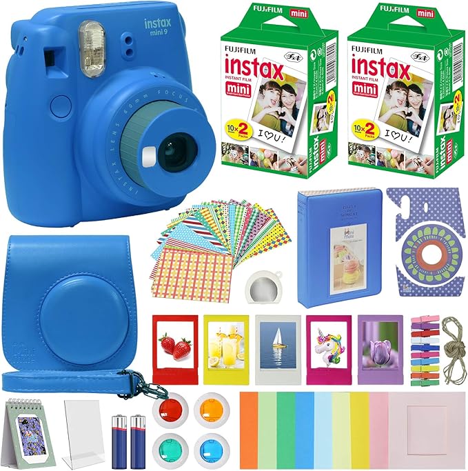 Fujifilm Instax Mini 9 Instant Camera Cobalt Blue with Carrying Case + Fuji Instax Film Value Pack (40 Sheets) Accessories Bundle, Color Filters, Photo Album, Assorted Frames, Selfie Lens + More