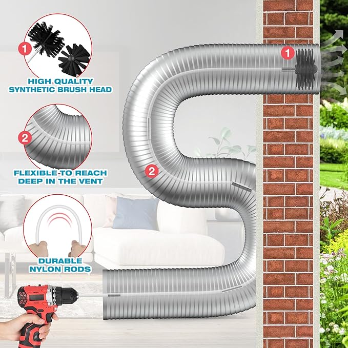 35 Feet Dryer Vent Cleaner Kit, Lint Remover, Upgraded Flexible Quick-Snap Brush with Drill Attachment, Extends Up to 35 FEET for Easy Cleaning, Cleaning Tools Use with/Without a Power Drill