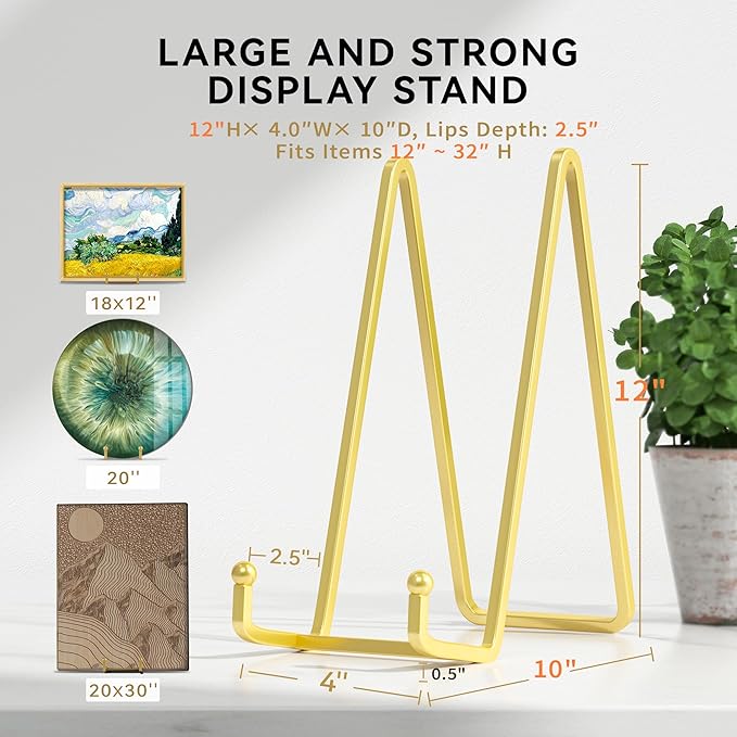 Plate Stands for Display 12 Inch Heavy Duty - Metal Picture Frame Easel Stands for Large Plates, Books, Platters, Plaques, Decor (Gold 2 Pack)
