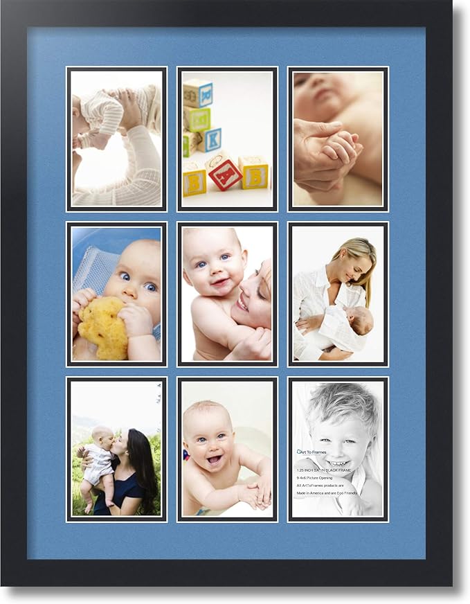 ArtToFrames Collage Photo Frame Double Mat with 9-4x6 Openings with Satin Black Frame and Liberty Blue mat.