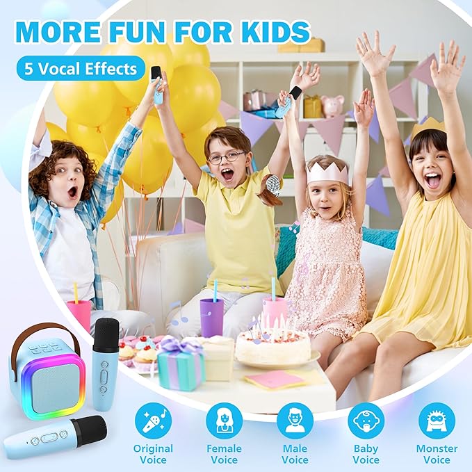 Mini Karaoke Machine for Kids Adults, Portable Bluetooth Speaker with 2 Wireless Microphones,Toys Birthday Gifts for Girls Ages 4, 5, 6, 7, 8,9,10,11,12+ Family Home Party (Blue)