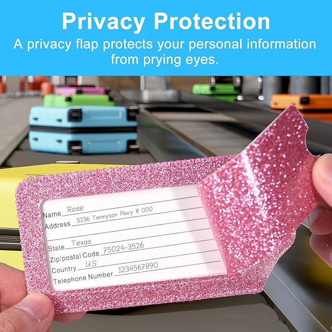 ACdream Luggage Tags 2 Pack, Leather Suitcase Tags Identifiers, Cute Cruise ID Labels with Privacy Cover fits on Backpack, Travel Bag, for Women, Men, Adults, Kids, Glitter Pink