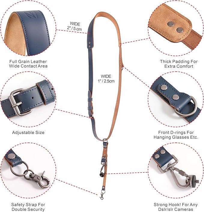 Padwa Lifestyle Blue Single Camera Harness Strap for One Camera - Professional Single Full Grain Leather Camera Harness,Quick Release Gear DSLR Camera Straps for Photographers