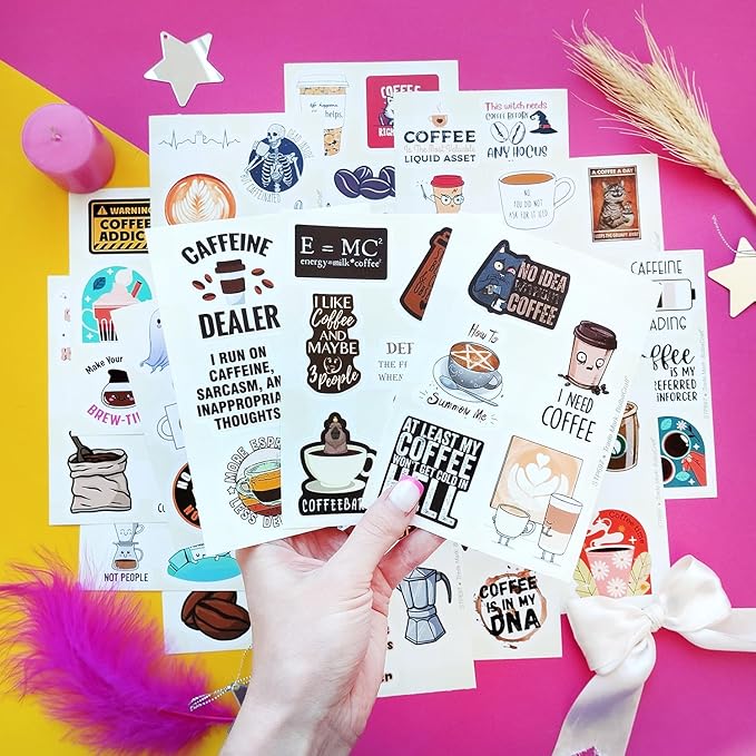 BulbaCraft 100Pcs Funny Coffee Stickers for Planner, Coffee Funny Quote Decals for Laptop, Scrapbook & Water Bottles, Gifts for Women & Men